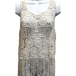 BOHO CROCHET LACE TANk TOP White Fringe Hem Whimsygoth Festival Sheer JRs SZ 7/9